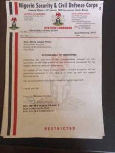 NSCDC Boss Withdraws All Personnel Attached To APC Party Lawmaker